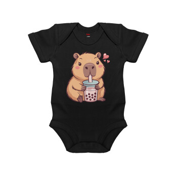 Capybara Bubble Tea, Βρεφικό φορμάκι μωρού, 0-18 μηνών, ΜΑΥΡΟ, 100% Organic Cotton, κοντομάνικο
