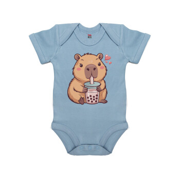 Capybara Bubble Tea, Βρεφικό φορμάκι μωρού, 0-18 μηνών, Μπλε, 100% Organic Cotton, κοντομάνικο
