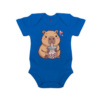 Capybara Bubble Tea, Βρεφικό φορμάκι μωρού, Μπλε Κοβαλτίου, 100% Organic Cotton, κοντομάνικο