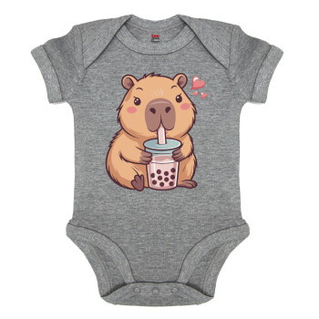 Capybara Bubble Tea, Βρεφικό φορμάκι μωρού, 0-18 μηνών, ΓΚΡΙ ΜΕΛΑΝΖΕ, 100% Organic Cotton, κοντομάνικο