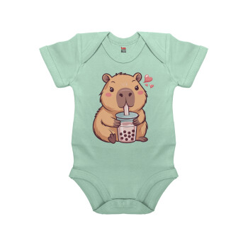 Capybara Bubble Tea, Βρεφικό φορμάκι μωρού, 0-18 μηνών, mint (Μέντα), 100% Organic Cotton, κοντομάνικο