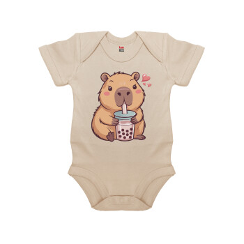 Capybara Bubble Tea, Βρεφικό φορμάκι μωρού, 0-18 μηνών, Natural (Εκρού), 100% Organic Cotton, κοντομάνικο