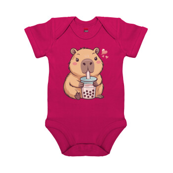 Capybara Bubble Tea, Βρεφικό φορμάκι μωρού, 0-18 μηνών, ΡΟΖ, 100% Organic Cotton, κοντομάνικο