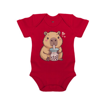 Capybara Bubble Tea, Βρεφικό φορμάκι μωρού, ΚΟΚΚΙΝΟ, 100% Organic Cotton, κοντομάνικο