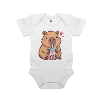 Capybara Bubble Tea, Βρεφικό φορμάκι μωρού, 0-24 μηνών, ΛΕΥΚΟ, 100% Organic Cotton, κοντομάνικο