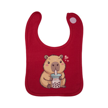 Capybara Bubble Tea, Σαλιάρα με Σκρατς Κόκκινη 100% Organic Cotton (0-18 months)