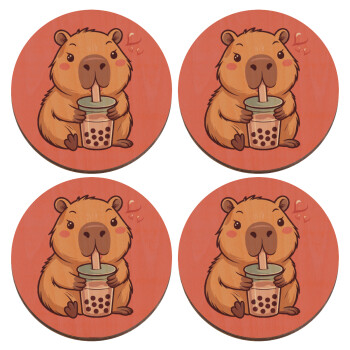 Capybara Bubble Tea, ΣΕΤ x4 Σουβέρ ξύλινα στρογγυλά plywood (9cm)