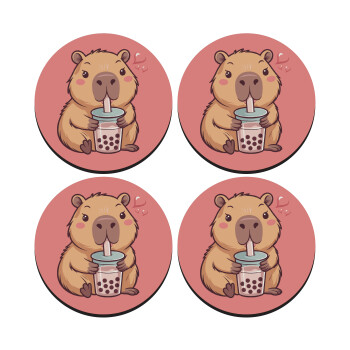Capybara Bubble Tea, ΣΕΤ 4 Σουβέρ ξύλινα στρογγυλά (9cm)