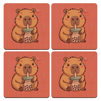 Capybara Bubble Tea, ΣΕΤ x4 Σουβέρ ξύλινα τετράγωνα plywood (9cm)