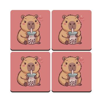 Capybara Bubble Tea, ΣΕΤ 4 Σουβέρ ξύλινα τετράγωνα (9cm)