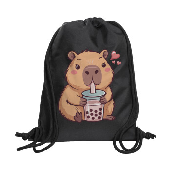 Capybara Bubble Tea, Backpack pouch GYMBAG Black, with pocket (40x48cm) & thick cords