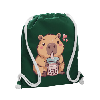 Capybara Bubble Tea, Τσάντα πλάτης πουγκί GYMBAG BOTTLE GREEN, με τσέπη (40x48cm) & χονδρά λευκά κορδόνια