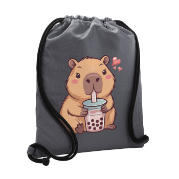 Capybara Bubble Tea, Τσάντα πλάτης πουγκί GYMBAG ΓΚΡΙ, με τσέπη (40x48cm) & χονδρά κορδόνια