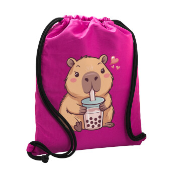 Capybara Bubble Tea, Τσάντα πλάτης πουγκί GYMBAG Φούξια, με τσέπη (40x48cm) & χονδρά κορδόνια