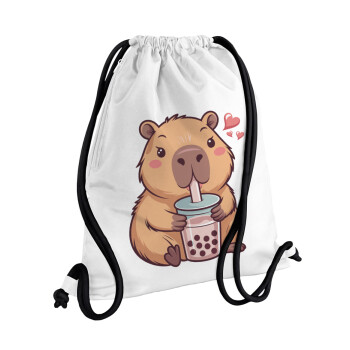 Capybara Bubble Tea, Backpack pouch GYMBAG white, with pocket (40x48cm) & thick cords