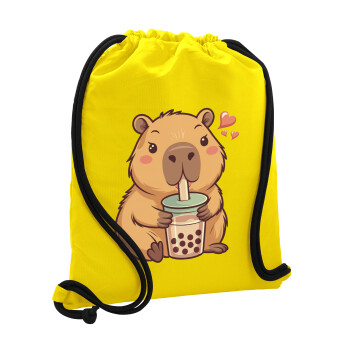 Capybara Bubble Tea, Backpack pouch GYMBAG Yellow, with pocket (40x48cm) & thick cords