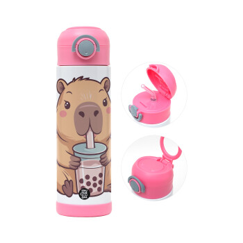Capybara Bubble Tea, Παιδικό παγούρι θερμό, ανοξείδωτο, με καλαμάκι ασφαλείας, ΡΟΖ (500ml)