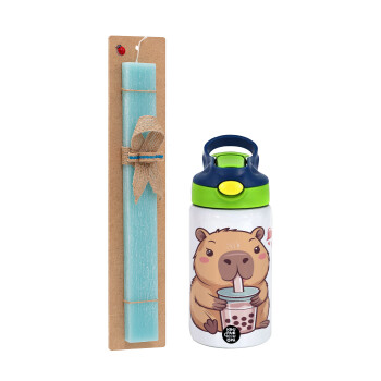 Capybara Bubble Tea, Πασχαλινή Λαμπάδα με Παιδικό παγούρι θερμό, ανοξείδωτο, με καλαμάκι ασφαλείας, πράσινο/μπλε (350ml) & κερί αρωματικό πλακέ (30cm) (ΤΙΡΚΟΥΑΖ)