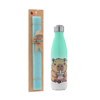 Capybara Bubble Tea, Easter Set, Metallic green/white thermos (Stainless steel), double-walled, 500ml & scented flat Easter candle (30cm) (TURQUOISE)