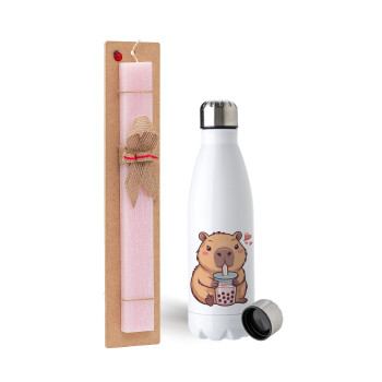 Capybara Bubble Tea, Πασχαλινή Λαμπάδα με μεταλλικό παγούρι ανοξείδωτο (750ml) & κερί αρωματικό πλακέ (30cm) (ΡΟΖ)