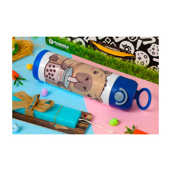 Capybara Bubble Tea, Πασχαλινή Λαμπάδα με Παιδικό παγούρι θερμό, ανοξείδωτο, με καλαμάκι ασφαλείας, ΜΠΛΕ (500ml)