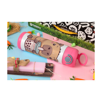 Capybara Bubble Tea, Πασχαλινή Λαμπάδα με Παιδικό παγούρι θερμό, ανοξείδωτο, με καλαμάκι ασφαλείας, ΡΟΖ (500ml)