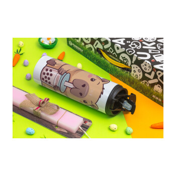 Capybara Bubble Tea, Πασχαλινή Λαμπάδα με Travel Tumbler θερμό με διπλό καπάκι (600ml, BPA free) & κερί αρωματικό πλακέ (30cm) (ΡΟΖ)
