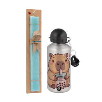 Capybara Bubble Tea, Πασχαλινή Λαμπάδα με παγούρι μεταλλικό Ασημένιο αλουμινίου (500ml) & κερί αρωματικό πλακέ (30cm) (ΤΙΡΚΟΥΑΖ)