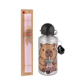 Capybara Bubble Tea, Πασχαλινή Λαμπάδα με παγούρι μεταλλικό Ασημένιο αλουμινίου (500ml) & κερί αρωματικό πλακέ (30cm) (ΡΟΖ)
