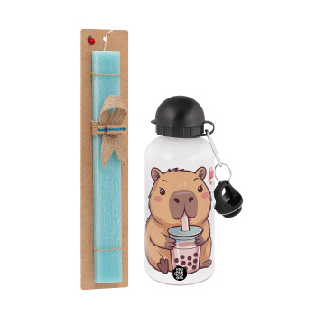 Capybara Bubble Tea, Πασχαλινή Λαμπάδα με παγούρι μεταλλικό αλουμινίου (500ml) & λαμπάδα αρωματική πλακέ (30cm) (ΤΙΡΚΟΥΑΖ)