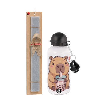 Capybara Bubble Tea, Πασχαλινή Λαμπάδα με παγούρι μεταλλικό  αλουμινίου (500ml) & κερί αρωματικό πλακέ (30cm) (ΓΚΡΙ)