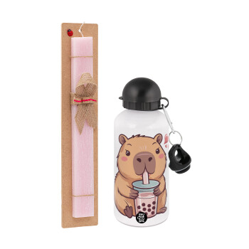 Capybara Bubble Tea, Πασχαλινή Λαμπάδα με παγούρι μεταλλικό αλουμινίου (500ml) & κερί αρωματικό πλακέ (30cm) (ΡΟΖ)