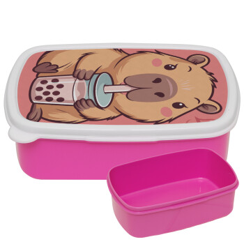 Capybara Bubble Tea, ΡΟΖ παιδικό δοχείο φαγητού (lunchbox) πλαστικό (BPA-FREE) Lunch Βox M18 x Π13 x Υ6cm