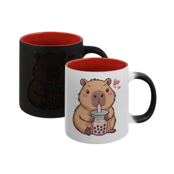 Capybara Bubble Tea, Κούπα Μαγική εσωτερικό κόκκινο, κεραμική, 330ml που αλλάζει χρώμα με το ζεστό ρόφημα