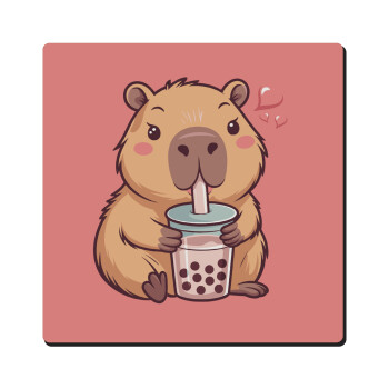 Capybara Bubble Tea, Τετράγωνο μαγνητάκι ξύλινο 6x6cm