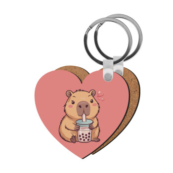 Capybara Bubble Tea, Μπρελόκ Ξύλινο καρδιά MDF