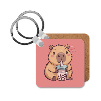 Capybara Bubble Tea, Μπρελόκ Ξύλινο τετράγωνο MDF