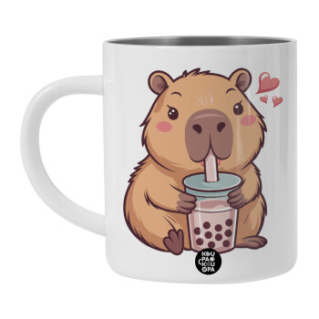 Capybara Bubble Tea, Λευκή Ανοξείδωτη Μεταλλική Κούπα 450ml - Διπλού Τοιχώματος 