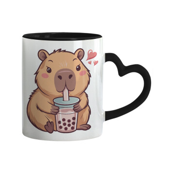 Capybara Bubble Tea, Κούπα καρδιά χερούλι μαύρη, κεραμική, 330ml
