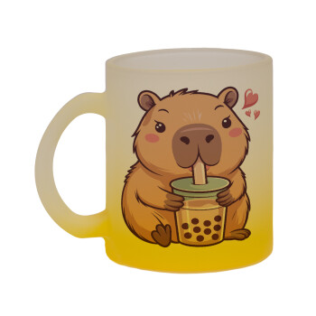 Capybara Bubble Tea, Κούπα γυάλινη δίχρωμη με βάση το κίτρινο ματ, 330ml