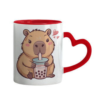 Capybara Bubble Tea, Κούπα καρδιά χερούλι κόκκινη, κεραμική, 330ml
