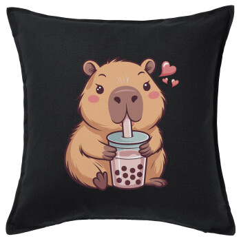 Capybara Bubble Tea, Μαξιλάρι καναπέ Μαύρο 100% βαμβάκι, περιέχεται το γέμισμα (50x50cm)