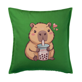 Capybara Bubble Tea, Μαξιλάρι καναπέ Πράσινο 100% βαμβάκι, περιέχεται το γέμισμα (50x50cm)