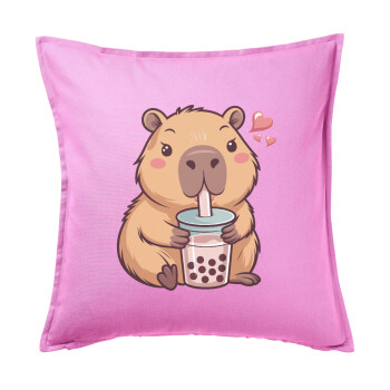 Capybara Bubble Tea, Μαξιλάρι καναπέ ΡΟΖ 100% βαμβάκι, περιέχεται το γέμισμα (50x50cm)