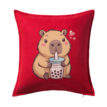 Capybara Bubble Tea, Μαξιλάρι καναπέ Κόκκινο 100% βαμβάκι, περιέχεται το γέμισμα (50x50cm)