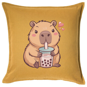Capybara Bubble Tea, Μαξιλάρι καναπέ Κίτρινο 100% βαμβάκι, περιέχεται το γέμισμα (50x50cm)