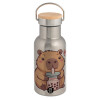 Stainless steel metallic thermos flask, silver with a bamboo lid, double-walled, 350ml.