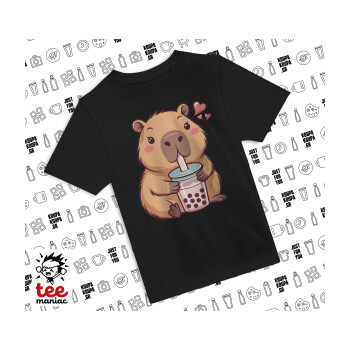 Capybara Bubble Tea, Άνετο παιδικό T-Shirt ΜΑΥΡΟ από 100% βαμβάκι, για κάθε μέρα. Vegan & OEKO-TEX πιστοποιημένο.