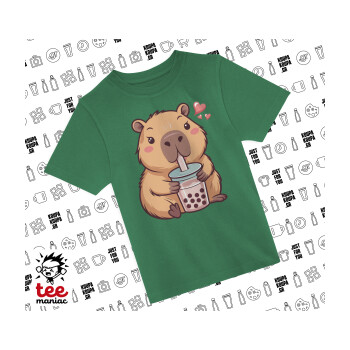 Capybara Bubble Tea, Άνετο παιδικό T-Shirt ΠΡΑΣΙΝΟ από 100% βαμβάκι, για κάθε μέρα. Vegan & OEKO-TEX πιστοποιημένο.
