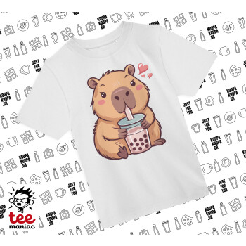 Capybara Bubble Tea, Άνετο παιδικό T-Shirt ΛΕΥΚΟ από 100% βαμβάκι, για κάθε μέρα. Vegan & OEKO-TEX πιστοποιημένο.